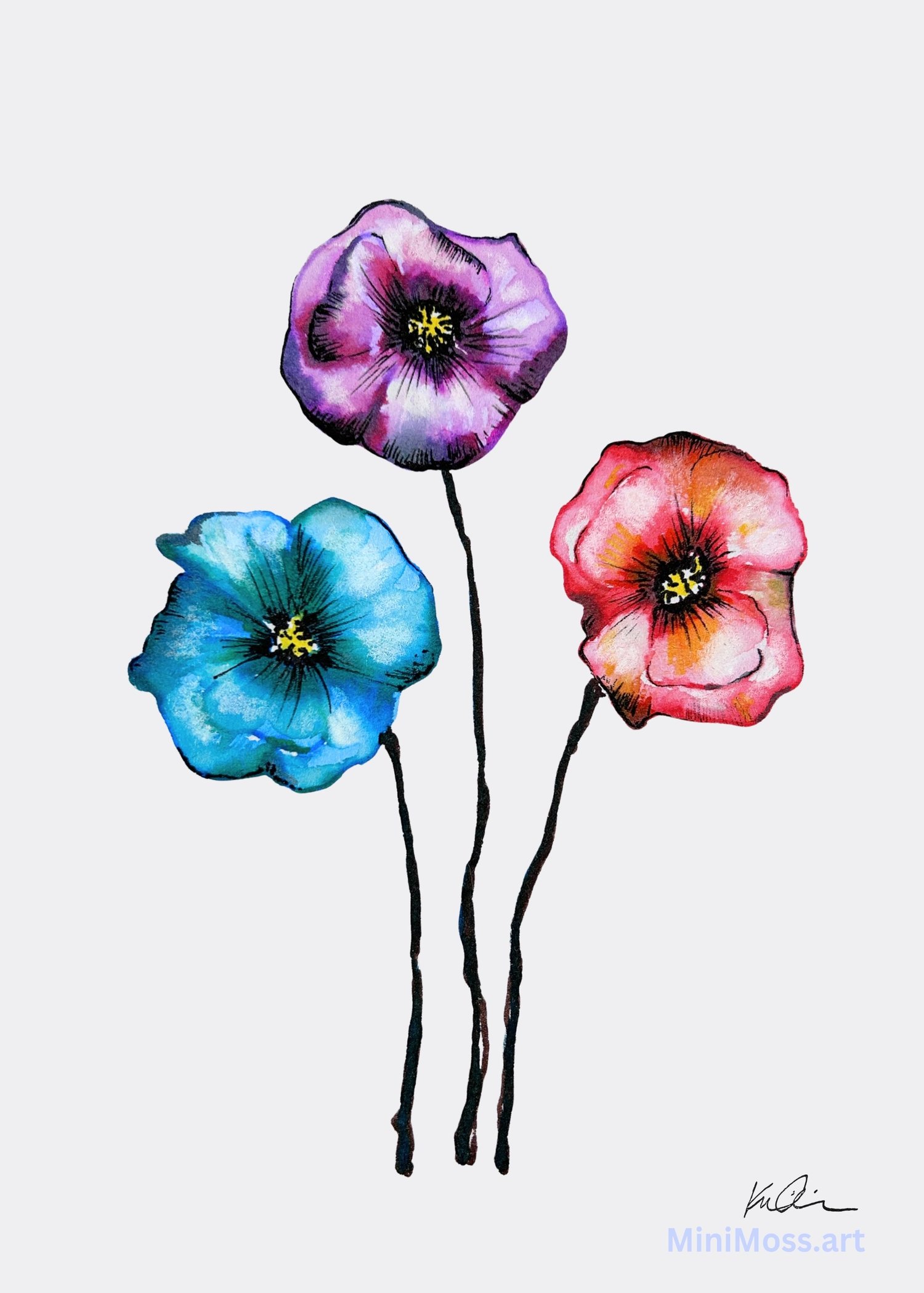 Original watercolor painting of blue poppy flowers