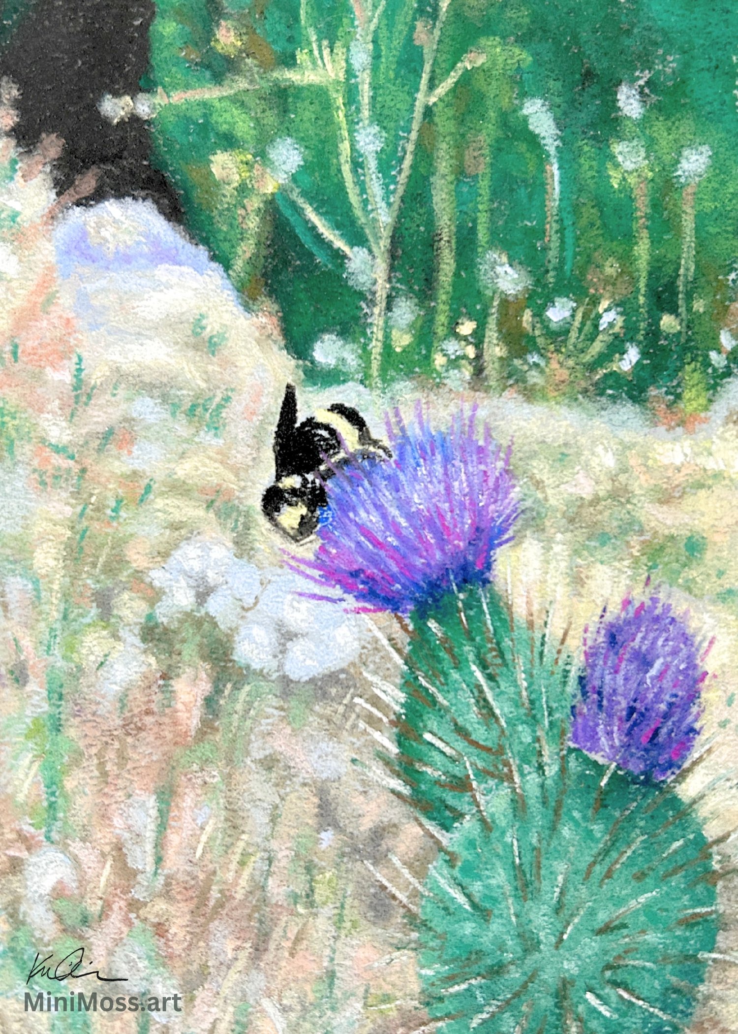 Miniature painting of a bumblebee on a purple thistle flower among soft meadow grasses