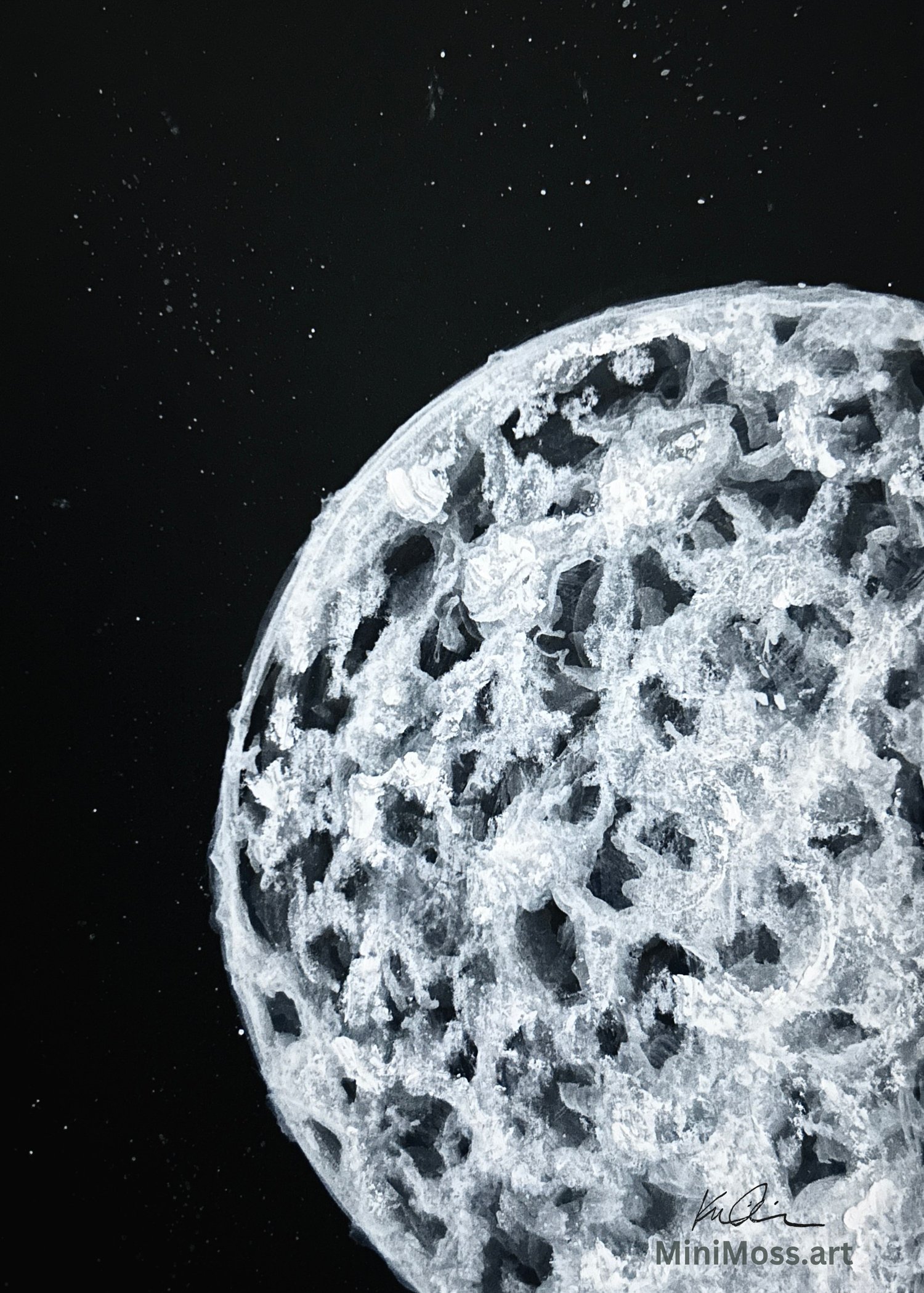 Original miniature painting of a celestial moonscape, small and framed