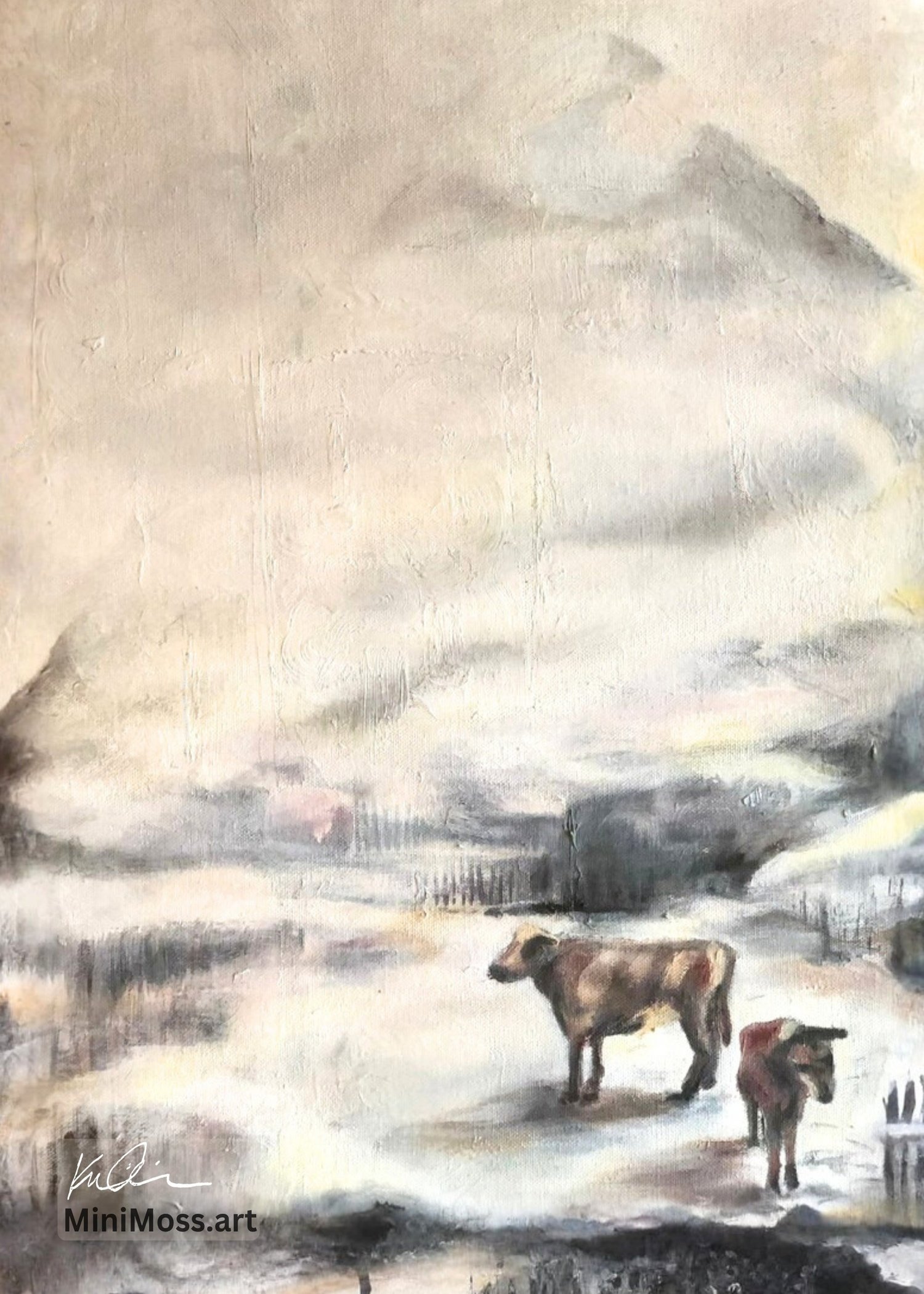 Oil painting of cows on a mountain ranch in the snow