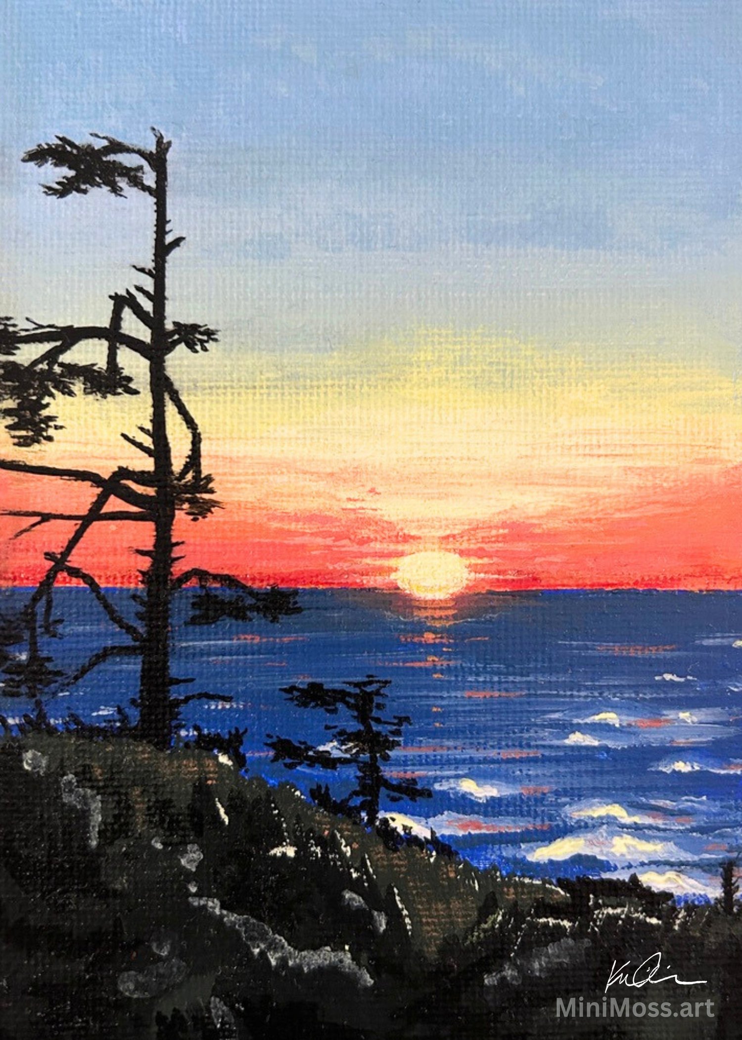 Original miniature oil painting of an Oregon coast sunset over the ocean