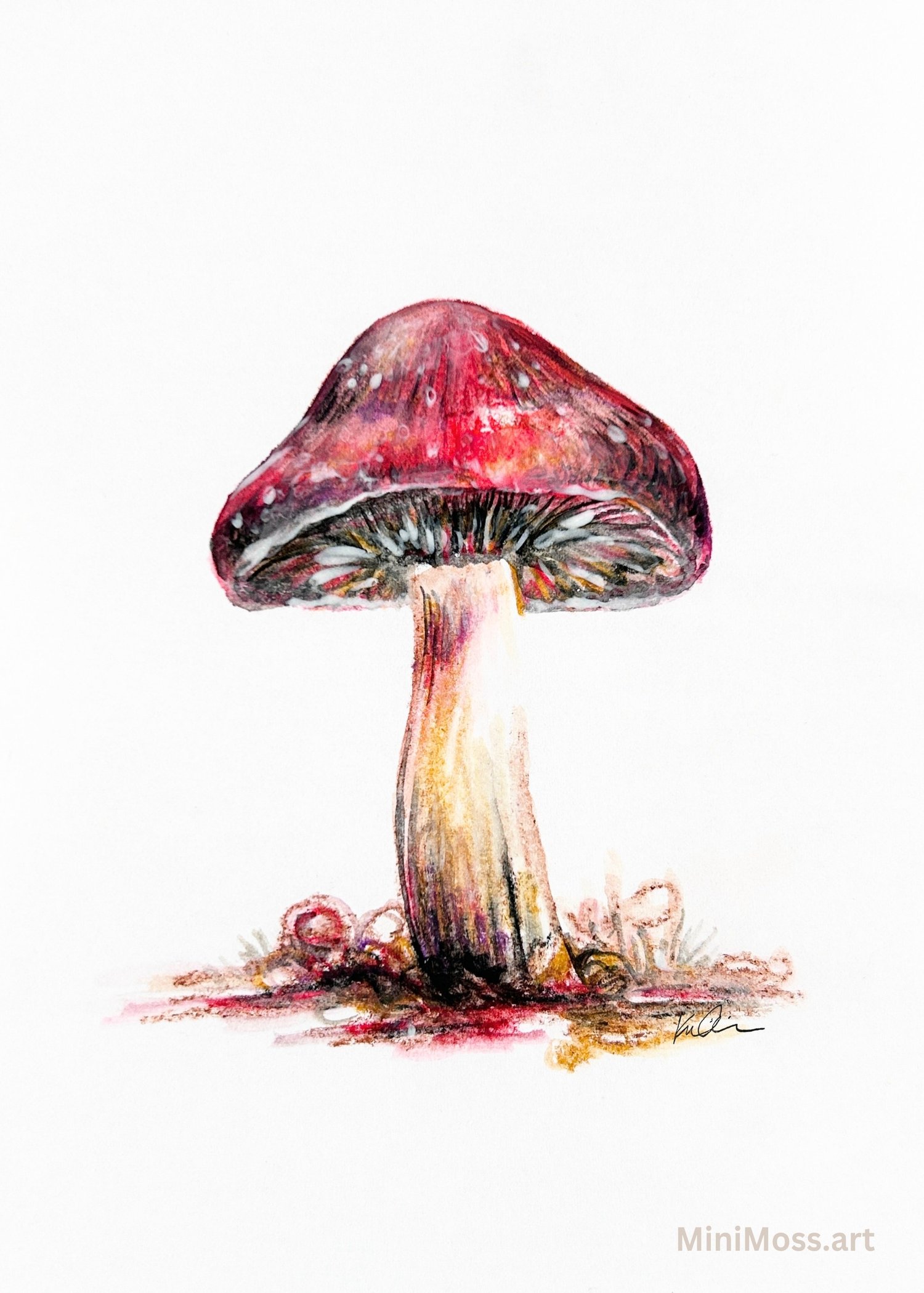 Minimalist print of a single red mushroom
