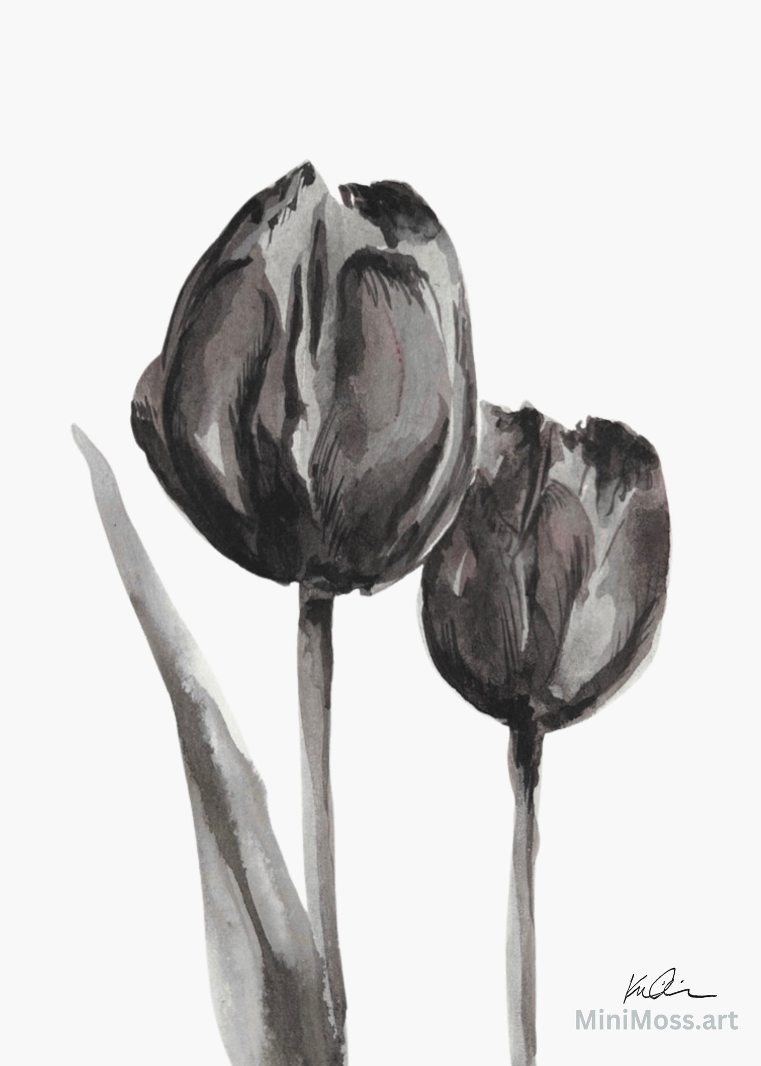 Fine art print of tulips in sumi ink wash